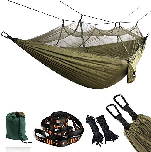 Hängematte Outdoor mit Moskitonetz (260x140 cm) aus Nylon Fallschirmseide bis 200kg Ultra-Leicht Hängematten XXL Camping 2 Personen DF-HM-02 Grün
