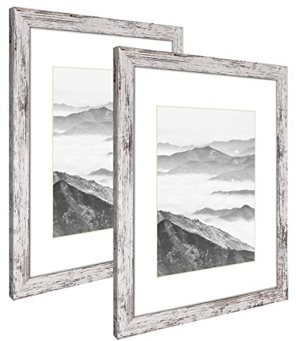 Q.Hou A3 Photo Frame Distressed White Wood Pattern Set of 2 with Mat, Mount for A4 Picture or Certificate, Perspex Front for Wall Decor (UK-QH-PFA3-RW)