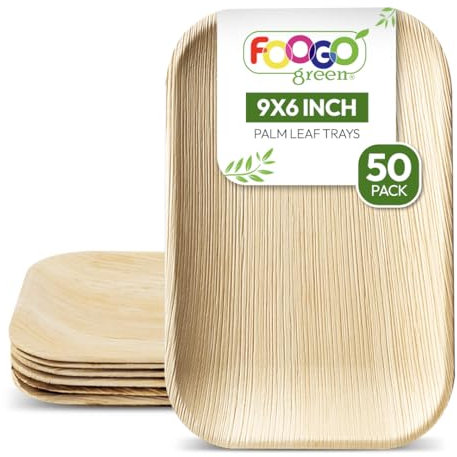 FOOGO Green 50 Disposable Palm Leaf Serving Trays, Medium 9x6 inch (22x15cm), For Starters And Desserts, Parties, Sturdy, Eco Friendly, Biodegradable Like Wooden Trays For Hot Food