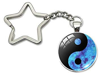 Porte-clés Ying Yang en acrylique imprimé avec chaîne argentée en forme d'étoile - - M