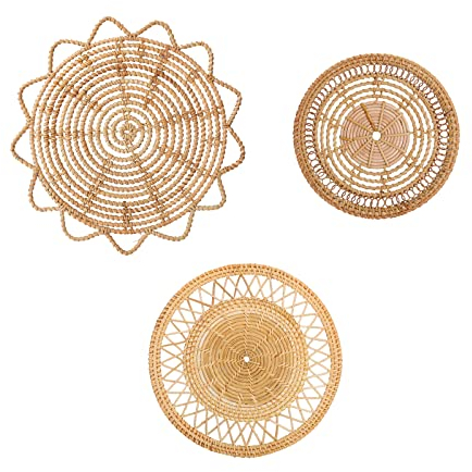 HLTER Hängender Wandkorb, Dekor, 3er-Set, handgefertigte dekorative Boho-gewebte Wandkörbe, rund, natürliches Rattan, Wanddekoration für Zuhause, Wanddisplay