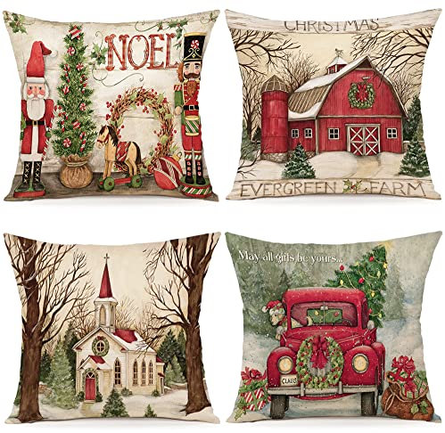 ZWJD Kissenbezug Weihnachten 50x50 4er Set Kissenbezüge Dekokissen Leinen Kissenhüllen für Deko Weihnachten Sofa Schlafzimmer Couch Kissenbezug 50x50 cm