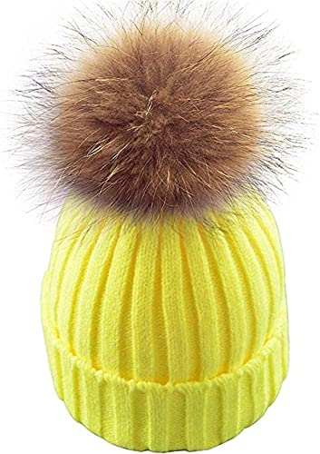 ANZII Damen Echtfell Waschbär Fell Pelz Bommel Strick Mütze Winter-Mütze Bommelmütze warme Schirmmützen