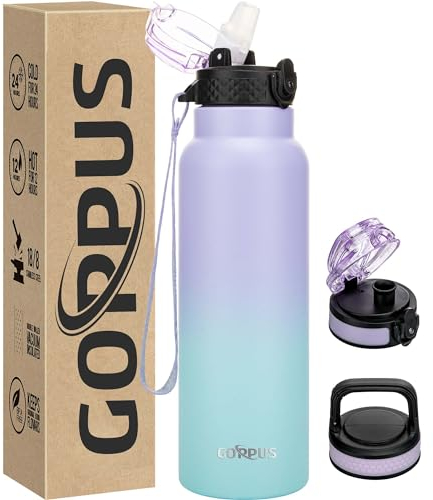 GOPPUS Edelstahl Trinkflasche-750ml mit Strohhalm & 3 Deckel,BPA frei, Kohlensäure Geeignet, Thermoskanne Vakuum Doppelwandisolierung für Sport, Reisen, Camping