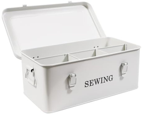 Xbopetda Metal Sewing Organizer, 4 Compartment Sewing Basket with Safety Locks, Storage Box for Thread, Scissors & Pins (White)