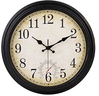 jomparis Wanduhr mit temperaturanzeige Außenwanduhr groß Gartenuhr Wasserfest und Wetterfest für Garten und Terrasse Pool (40cm Bronze)