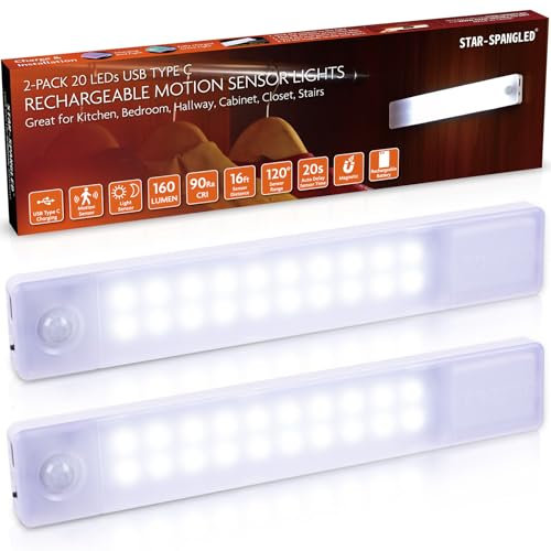 STAR-SPANGLED 8 inch Rechargeable Motion Sensor Lights Indoor, USB Stick on LED Magnetic Light Battery Powered for Stairs, Cupboard, Wardrobe, Closet, Cabinet, Kitchen, Hallway (Cool White, 2 Pack)