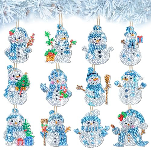 YMIFEEY 12 Stück Diamond Painting Weihnachten Anhänger Set Schneemann Diamond Painting Schlüsselanhänger Beidseitig, DIY 5D Diamant Painting Anhänger Geschenkanhänger Weihnachtsbaumanhänger (Blau)