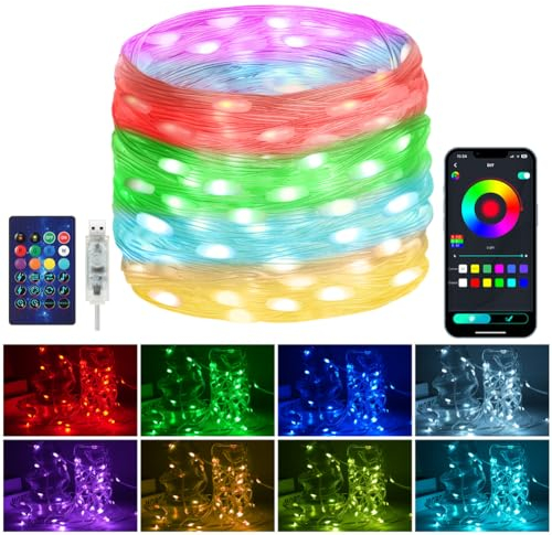 HOTUT Luci di Natale LED con Telecomando, 15M Luci a Corda che Cambiano Colore Controllo APP, RGBIC Multicolore Smart Luci Led [IP65], 99+ Modalità Regolabili, Alimentazione USB per Interni e Esterni