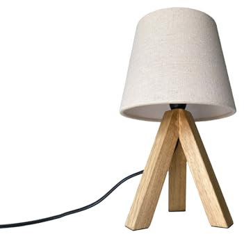 meineWunschleuchte Dreibein Holz Tischlampe mit Stoffschirm Creme Weiß, 27cm klein