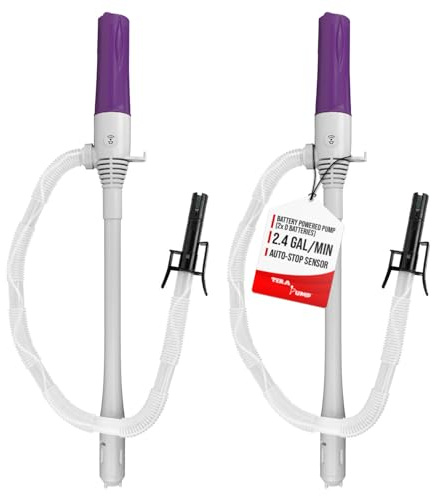 TERA PUMP - Lot de 2 pompes de transfert de carburant automatiques - Avec capteur d'arrêt automatique, fonctionnement à piles (2 piles D), tuyau de sortie de 0,6 m, transfert puissant à 2,4 GPM pour