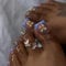GlamRays 24 Pieces Blue French Tip Toe Nails Short Square Reusable 3D Rhinestone Bow Toenails for Women