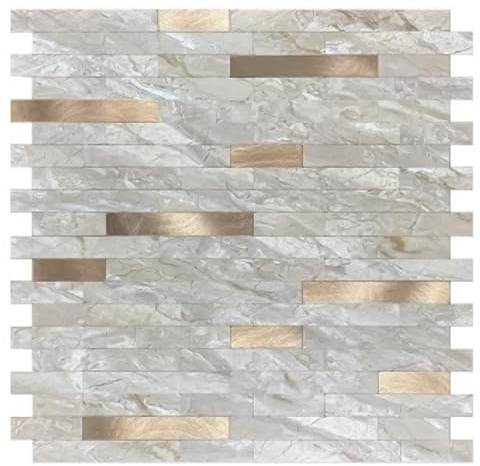 Set di 4 piastrelle adesive, 29,5 x 29 cm, in gres porcellanato dorato chiaro, autoadesive per parete