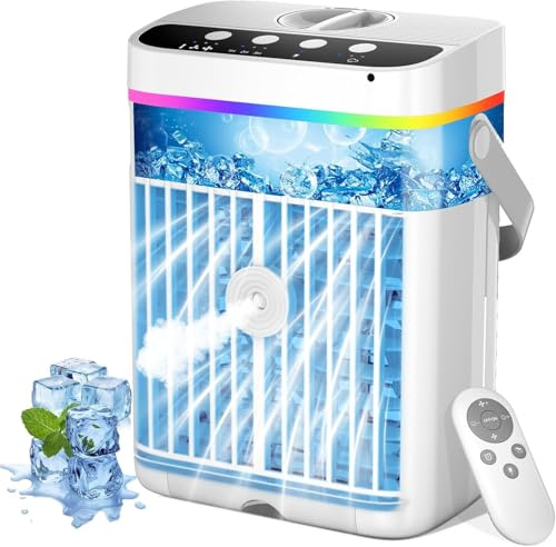 Climatiseurs portables, mini climatiseur, climatiseur personnel, unité AC ventilateur de refroidissement avec télécommande, 3 vitesses, 3 brumisations, 7 éclairages, minuterie 1-3H, ventilateur