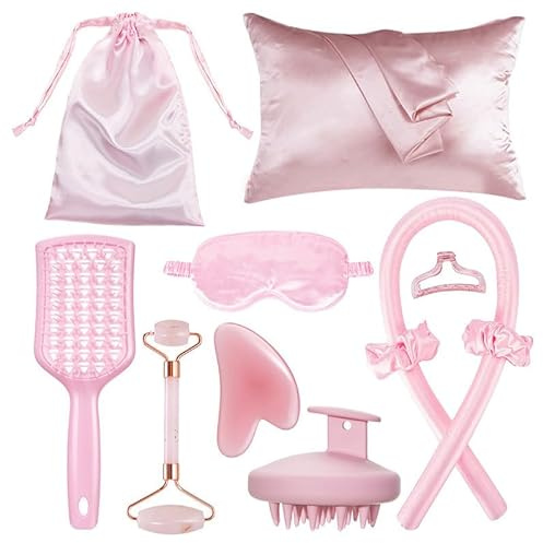 11-teiliges Set Locken Ohne Hitze mit Seiden-Heatless Curls Band Lockenwickler & Hair Curler – Haare Lockenband Frisurenset Inklusive Duschtuch, Schlafmaske & Samtschändern für Mädchen & Damen #A