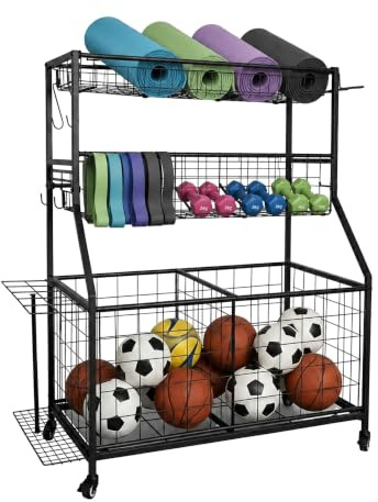 Relaxdays Carrello porta attrezzi sportivi, metallo, nero | AxLxP: 116 x 91,5 x 43 cm, 4 ruote con freno, portapalloni