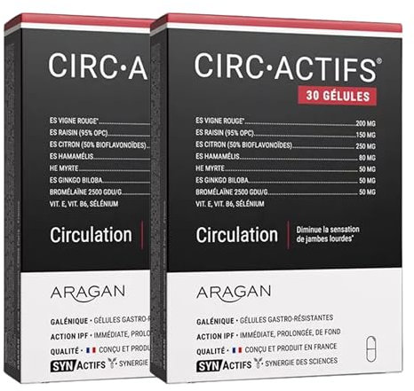 ARAGAN Synactifs Lot de 2 Circactifs | Complément Alimentaire Circulation, Jambes Lourdes | Vigne Rouge, Raisin, Citron, Sélénium, Huile essentielle | 60 gélules | 1 mois de prise Fabriqué en France