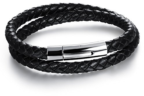 JewelryWe Lederarmband Herren Edelstahl Wickelarmband: Leder Geflochten Kordelkette Armband zum zweimal Umwickeln Armreif mit Edelstahl Verschluss Schwarz Silber