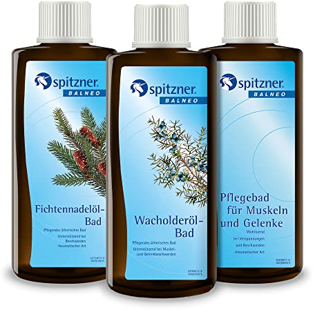 Spitzner Badezusatz Set Körper und Kraft (3 x 190 ml) - Gesundheitsfördernder Badewannenzusatz in den Sorten Fichtennadelöl-Bad, Wacholderöl-Bad und Pflegebad Muskel & Gelenke