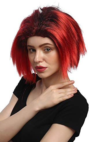 WIG ME UP - 90829-ZA13TZA103 Perücke Damen Herren Karneval Halloween Teufel Vamp Dämon Schwarz Rot Gesträhnt Mittelscheitel