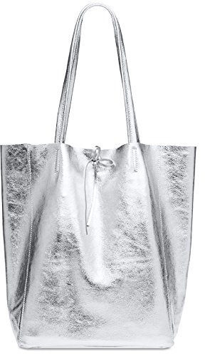 Caspar Großer Damen Leder Shopper Metallic Schultertasche mit Sicherheitsfach - CLASSIC LINE - Modell No.781 - Made in Italy, Farbe:silber metallic, Accessoires:One Size