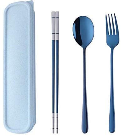Set de Cubiertos de Viaje Acero Inoxidable 304 Vajilla Portatil Cuchara Tenedor Palillo con Caja de Almacenamiento Azul - Do Buy
