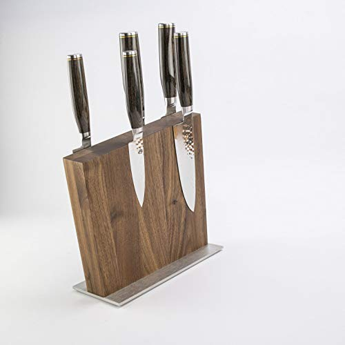 Exklusives Messerblockset, ultrascharfe Kai Shun Tim Mälzer Damastmesser + hochwertiger Magnet-Messerblock aus Walnuss (5 Messer + Messerblock)