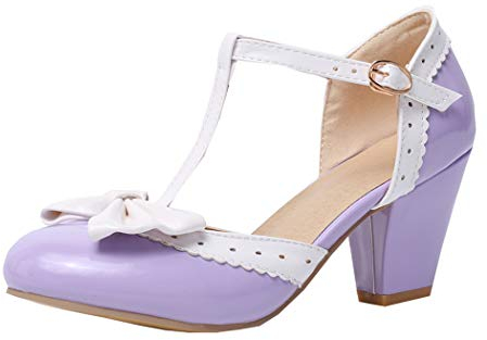 Damen T Spangen High Heels mit Blockabsatz Pumps mit Schleife Lack Schuhe (42 EU, Lila)