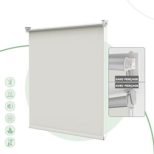 HOMEDEMO Store Enrouleur Occultant Isolant Thermique Opaque, Rideau, Fixation avec ou sans Perçage, 60 x 120 cm (Largeur du Tissu 56 cm), Crème