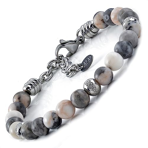 10:10 Edelstahlarmband und 6 mm Zebra Jaspis Natursteine, Armband für Damen und Herren. Verstellbares Armband Made in Italy…
