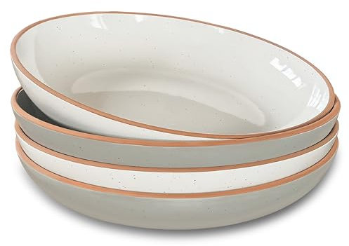 Mora Pastaschalen aus Keramik, groß, 850 ml, 4 Stück, für Servieren, Salat, Abendessen, etc. Teller/breite Schüssel – Mikrowelle, Küchengeschirr – Moderne Porzellan-Steinzeug-Schalen, Vanille & Grau