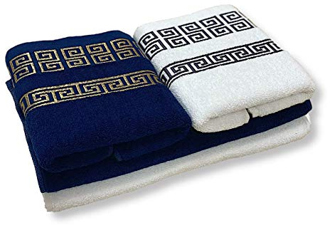 HOMEALOO® 4-TLG. Handtuch-Set Premium 100% Baumwolle Badetücher Handtücher Frottierset (4TLG. - 4 Handtücher, Blau Gold/Weiß Grau)