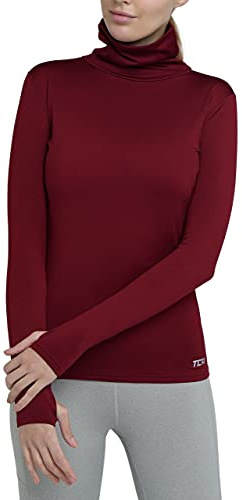 TCA Warm-Up Laufshirt Damen Langarm mit Kragen - Damen Longsleeve mit Kragen - Sportshirt Damen Langarm mit Trichterkragen - Sportoberteil für Fitness mit Rollkragen - Cabernet, L