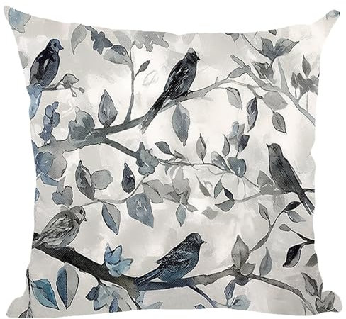 ramirar Dekorativer Kissenbezug mit Wasserfarben-Motiv, grau-blaue Vögel, für Zuhause, Wohnzimmer, Bett, Sofa, Auto, Baumwollleinen, quadratisch, 45,7 x 45,7 cm