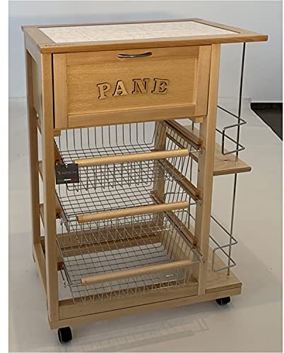 Marvin Carrello Cucina Salvaspazio in Legno di Faggio con Cassetto E Cesti Contenitori Portabottiglie Vino 4 Ruote Girevoli Portapane Portafrutta Portavivande Ripiano Lavoro con Piastrelle (Naturale)