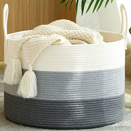 KAKAMAY Large Cotton Rope Storage Basket (20x13),Woven Baby Laundry Hamper，Blanket Basket for Nursery, Laundry, Living Room, Pillows, Toys with Leather Handles （White/Grey）