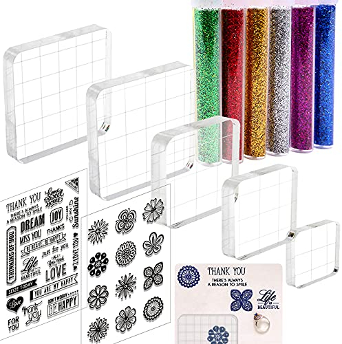 Daily Treasures Transparent Acrylblock Stempel, 5 Stk Silikonstempel Acrylblock + 2 Stk Stempel Scrapbooking Silikon + 6 Stk Farben Glitzertuben, Stempelblock Set für Scrapbooking Karten DIY