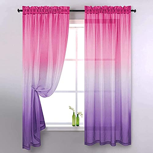 Ricemru Vorhange Farbverlauf Rosa Lila 2er Set Voile Gardinen Halbtransparent Bunt Vorhänge mit Rod Tasche für Kinderzimmer Wohnzimmer Schlafzimmer,132x243