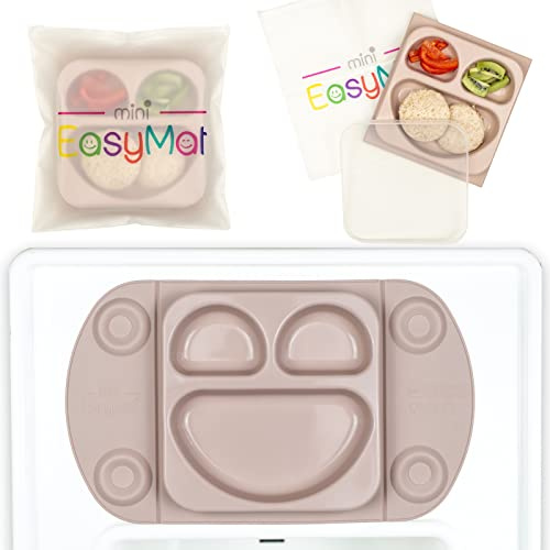 EasyMat Mini Portable Silicone Baby Suction Plate by EasyTots | Lid and Carry Case Included | Travel Friendly | Perfect Placemat for High Chair Feeding & Baby Led Weaning (Mauve)