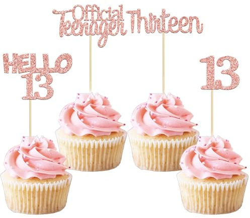 Gyufise 24Pcs Rose Gold Glitter 13th Birthday Cupcake Toppers Hello 13 Thirteen Cake Toppers Official Teenager Cupcake Picks 13th Birthday Party Cake Decorations Supplies