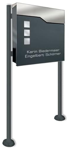 Briefkasten in anthrazit incl. Standfuß und Beschriftung - aus pulverbeschichtetem Stahl mit Zeitungsrolle und Sichtfeldern