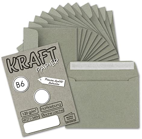 50x Vintage Umschläge in Grau - DIN B6 125 x 176 mm - 120 g/m² Kraftpapier Recycling Umschläge Haftklebung - GUSTAV NEUSER