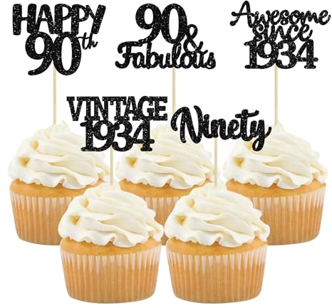 Gyufise 30 Pack Vintage 1935 Cupcake Toppers Glitter Cheers to 90 Fabulous Eighty Cupcake Picks 90th Birthday Wedding Anniversary Party Cake Decorations Supplies Black