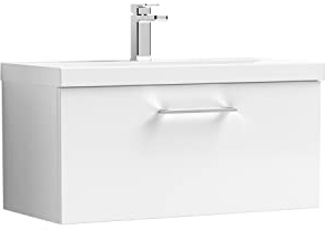 nuie ARN125D Arno Modern Bathroom Wall Hung 1 Drawer Vanity Unit with Thin-Edge Ceramic Basin, 800mm, Gloss White