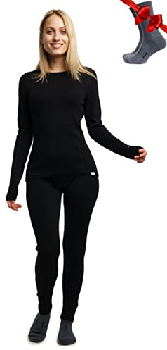 Merino.tech 100% Merino Unterwäsche Damen Set Shirt & Hose + Wandersocken | Atmungsaktive Light, Midweight, Heavy Funktionsunterwäsche, Skiunterwäsche, Thermounterwäsche Set, Wandern, Ski, Outdoor