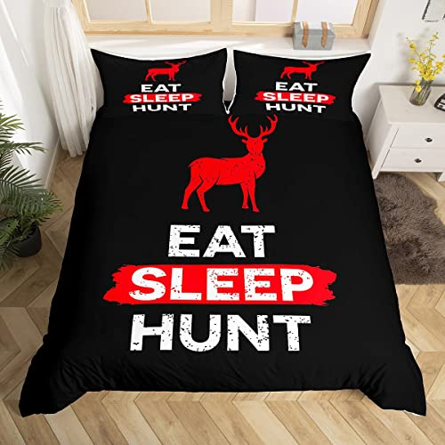Jagd Thema Bettbezug Set Single Size, Essen Schlaf Jagd Druck Tröster Bezug für Kinder Jungen Schlafzimmer Geschenk, Retro Hirsch Silhouette Geweih Bettwäsche Set mit 1 Kissenbezug Bettdecke