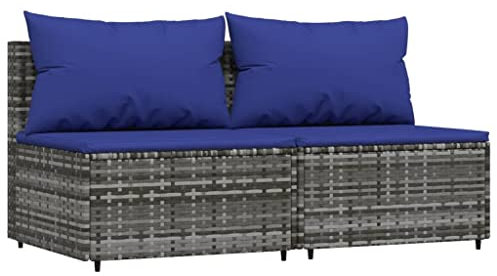 vidaXL Garten Mittelsofa 2 STK., Gartensofa mit Kissen, Modular Sofa Sitzgruppe für Garten Terrasse, Gartenmöbel Loungemöbel, Grau Poly Rattan