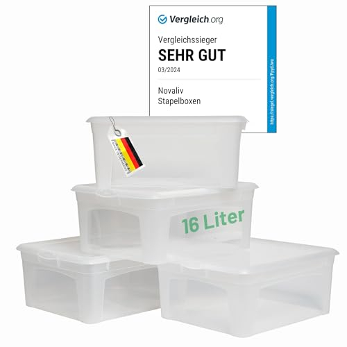 Novaliv 4x Aufbewahrungsboxen mit Deckel 16L transparente Boxen stapelbare Nestbar Storage boxes mit Clipverschluss Kunststoff BPA-frei 41x34x17 cm