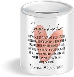 Spardose zur Jugendweihe für Mädchen und Jungen personalisiert mit Namen und Datum Geschenke Geschenk Geldgeschenk Deko (Herz Rot)