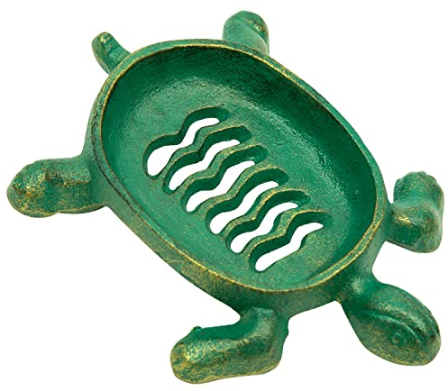 Woodside Decorative Tortoise/Turtle Shaped Cast Iron Soap Dish Holder, Heavy Duty Hand Soap Tray for Kitchen/Bathroom, Antique Green Rustic Finish